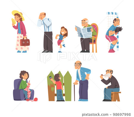 Grandpa and Grandma Engaged in Different Activity with Grandchild Vector Illustration Set 98697998