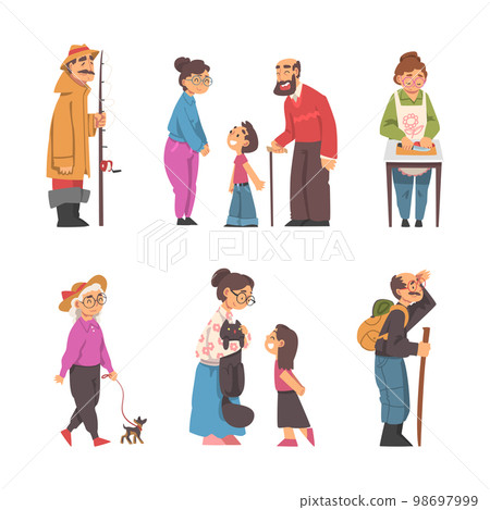 Grandpa and Grandma Engaged in Different Activity with Grandchild Vector Illustration Set 98697999
