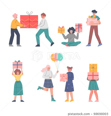 Teenage Boys and Girls Giving Wrapped Gift Boxes and Present Vector Set Teenage Boys and Girls Giving Wrapped Gift Boxes and Present Vector Set 98698003