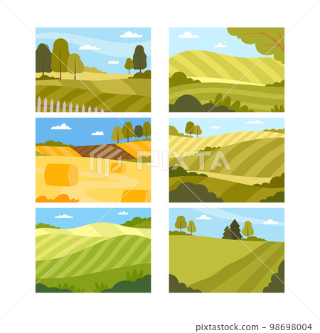 Country View with Sown Field and Pasture Land as Green Landscape Vector Set Country View with Sown Field and Pasture Land as Green Landscape Vector Set 98698004
