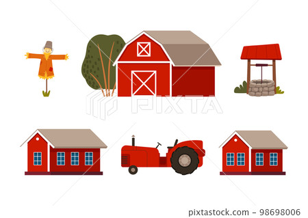 Farming and Agriculture with Barn House, Water Well, Tractor and Scarecrow Vector Set 98698006