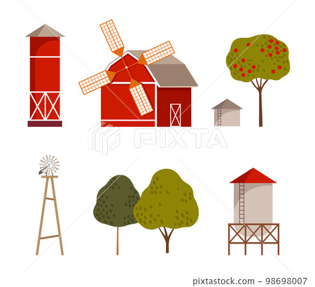 Farming and Agriculture with Windmill, Fruit Tree and Water Tower Vector Set 98698007
