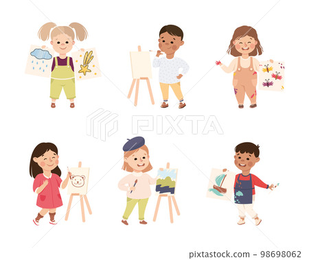 Happy Cute Kids Drawing and Painting on Paper and Canvas with Brush and Color Pen Vector Set 98698062