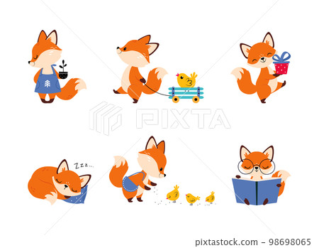 Cute Little Fox Engaged in Different Activity Vector Set 98698065