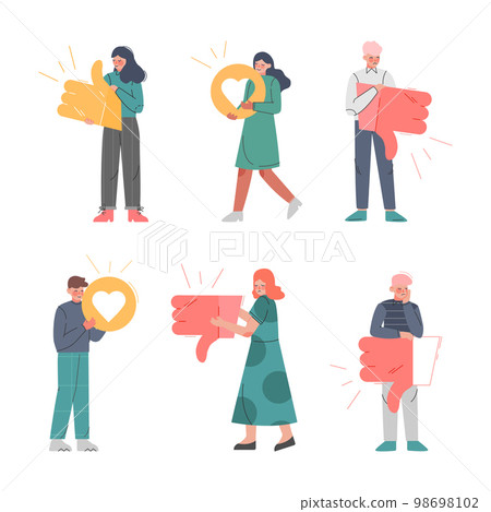 People Characters Holding Like Signs with Thumb Up and Down as Notification of Approval and Disapproval Vector Illustration Set 98698102