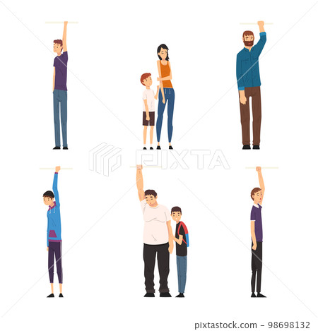 People Characters Holding Handle or Rail in Public Transport Vector Set 98698132