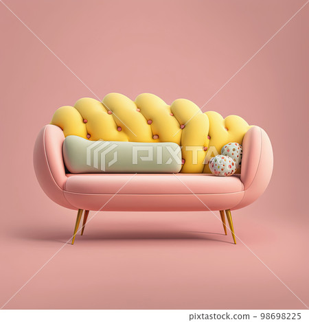 Mid century pink fabric accent sofa with chromium legs. Fabric upholstery couch on pink background. Mid-century, loft, Scandinavian interior. Retro stylized modern furniture Mid century pink fabric accent sofa with chromium legs. Fabric upholstery couch on pink background. Mid-century, loft, Scandinavian interior. Retro stylized modern furniture 98698225