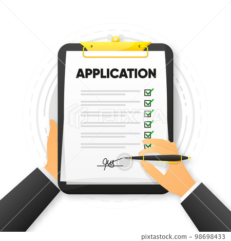 Application form and pen. Claim form, paperwork concept. The hand signs the document. Vector illustration. Application form and pen. Claim form, paperwork concept. The hand signs the document. Vector illustration. 98698433