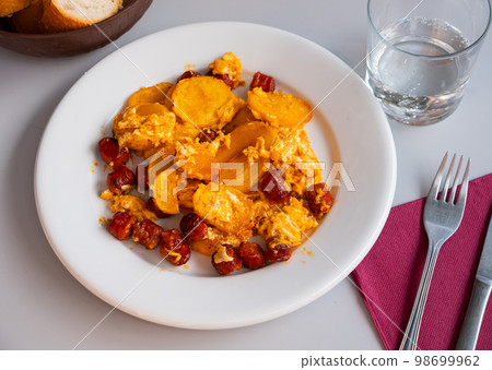 Popular spanish dish is fried eggs with chistorra and potatoes Popular spanish dish is fried eggs with chistorra and potatoes 98699962