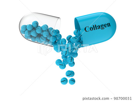 Open capsule with collagen from which the vitamin composition is pouring. 3D rendering illustration 98700031