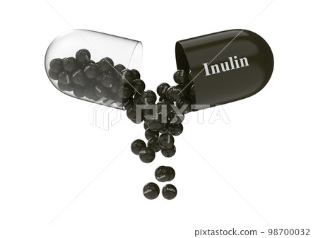 Open capsule with inulin from which the vitamin composition is pouring. 3D rendering illustration Open capsule with inulin from which the vitamin composition is pouring. 3D rendering illustration 98700032