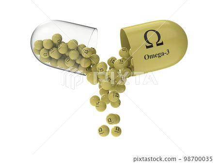 Open capsule with omega 3 from which the vitamin composition is pouring. 3D rendering illustration Open capsule with omega 3 from which the vitamin composition is pouring. 3D rendering illustration 98700035