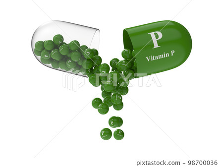 Open capsule with vitamin P from which the vitamin composition is pouring. 3D rendering illustration Open capsule with vitamin P from which the vitamin composition is pouring. 3D rendering illustration 98700036