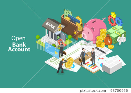 3D Isometric Flat Vector Conceptual Illustration of Open Bank Account 3D Isometric Flat Vector Conceptual Illustration of Open Bank Account 98700956