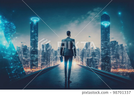 Businessman walking on virtual reality platform to futuristic smart city 98701337