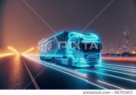 Self driving futuristic freight truck deliver goods to warehouse on city highway Self driving futuristic freight truck deliver goods to warehouse on city highway 98701601