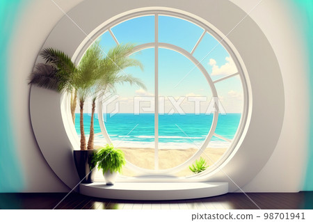 A room with round glass window overlooking beautiful landscape background 98701941