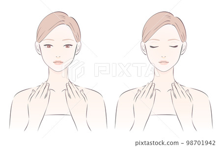 Illustration of a woman massaging neck lymph nodes 98701942