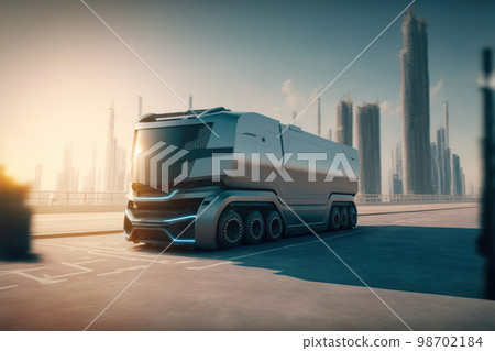 Self driving futuristic freight truck deliver goods to warehouse on city highway Self driving futuristic freight truck deliver goods to warehouse on city highway 98702184