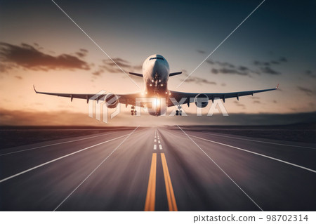 Commercial or cargo airplane taking off from the airport runway 98702314