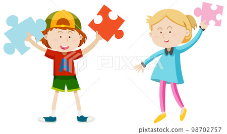 Kids holding pieces of jigsaw puzzle Kids holding pieces of jigsaw puzzle 98702757