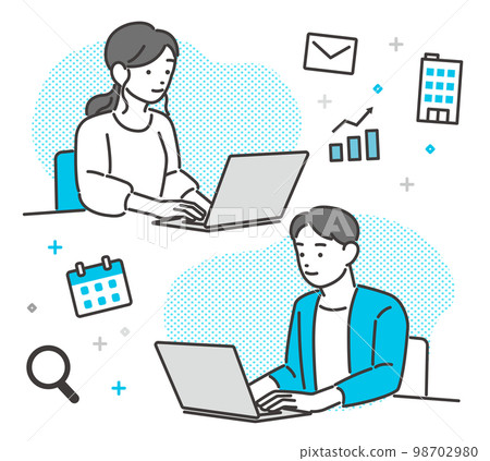 在個人電腦上查看電子郵件和管理日程的年輕男女的矢量插圖素材/青年/商務 98702980