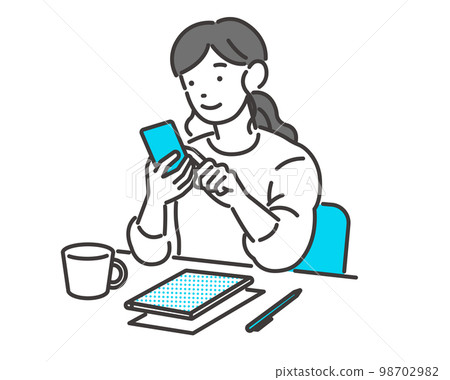 一位年輕女性在放鬆/咖啡館/購物時檢查智能手機的矢量插圖素材 一位年輕女性在放鬆/咖啡館/購物時檢查智能手機的矢量插圖素材 98702982