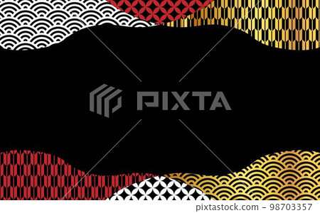 Red, white and gold Japanese pattern frame on black background Red, white and gold Japanese pattern frame on black background 98703357