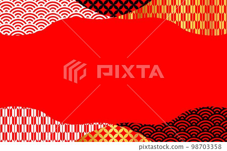 Black, white and gold Japanese pattern frame on red background Black, white and gold Japanese pattern frame on red background 98703358