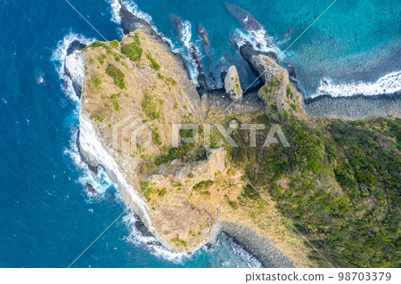 Aerial view of Keya no Daimon, a strangely shaped rock with columnar joints facing the Genkai Sea｜Drone shot｜Itoshima City, Fukuoka Prefecture 98703379