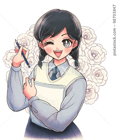 寫動漫風格小說的可愛女高中生插畫 98703847