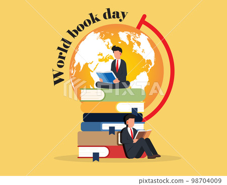 World Book Day. Smart man sitting and reading book, Flat vector illustration. 98704009