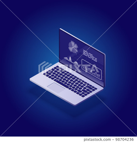 Analysis data and Investment. Business success.Financial review with laptop and infographic elements. 3d isometric flat design. Vector illustration. Analysis data and Investment. Business success.Financial review with laptop and infographic elements. 3d isometric flat design. Vector illustration. 98704236