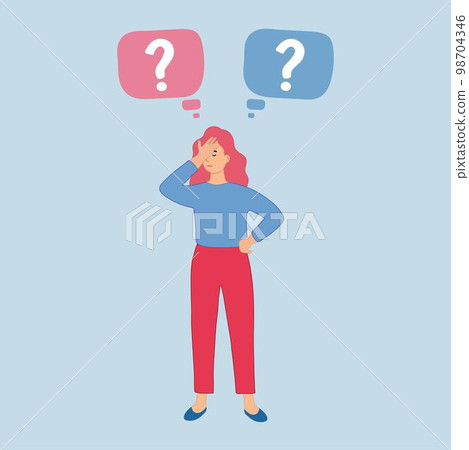 Young woman doubts and questioning everything. Young girl in casual clothes surrounded by a question mark. Flat cartoon vector illustration. 98704346