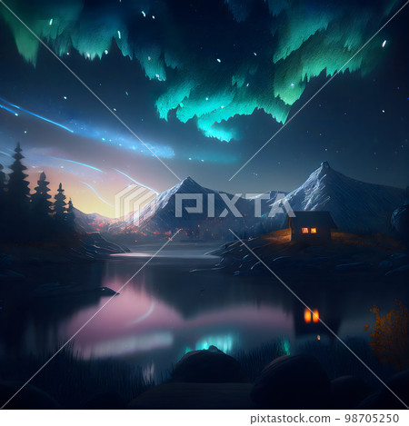 Beautiful starry sky in a cold northern country Aurora Lake Snow "AI-generated image" 98705250