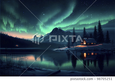 Beautiful starry sky in a cold northern country Aurora Lake Snow "AI-generated image" 98705251