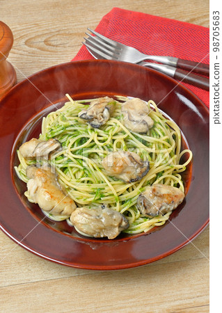 Original recipe. Japanese-style soy sauce pasta (kobucha) with winter oysters and sea lettuce. Original recipe. Japanese-style soy sauce pasta (kobucha) with winter oysters and sea lettuce. 98705683