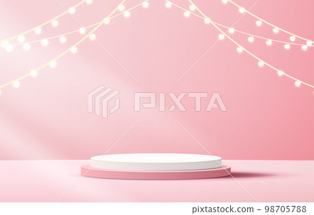 Happy valentine day and stage podium decorated with heart shape lighting. pedestal scene with for product, cosmetic, advertising, show, award ceremony, on pink background. vector design. Happy valentine day and stage podium decorated with heart shape lighting. pedestal scene with for product, cosmetic, advertising, show, award ceremony, on pink background. vector design. 98705788