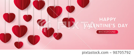 Happy Valentine day poster or banner template. beautiful paper cut red hearts with decorative lights on pink background. place for text. vector design. 98705792