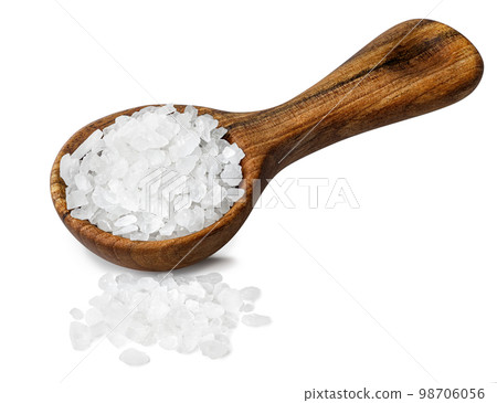 sea salt crystals in round wooden scoop isolated on white 98706056