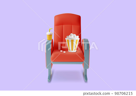 3d Red Cinema Chair with Drink Cup and Popcorn Bucket Snack Plasticine Cartoon Style. Vector illustration 3d Red Cinema Chair with Drink Cup and Popcorn Bucket Snack Plasticine Cartoon Style. Vector illustration 98706215