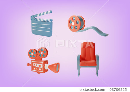3d Cinema Movie Filmmaking Elements Set Plasticine Cartoon Style Include of Clapboard, Film Reel, Camera and Armchair. Vector illustration 98706225