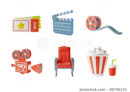 3d Cinema Movie Elements Icons Set Plasticine Cartoon Style Isolated on a White Background. Vector illustration 3d Cinema Movie Elements Icons Set Plasticine Cartoon Style Isolated on a White Background. Vector illustration 98706231
