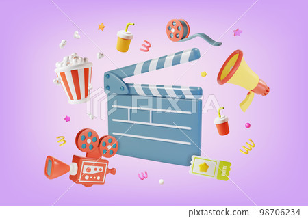 3d Cinema Movie Concept Video Shooting Clapboard and Camera with Elements Around Plasticine Cartoon Style. Vector illustration 98706234