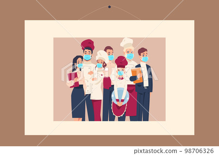 Restaurant staff. Catering workers photo. Employees portrait. People in uniform and masks. Photography on wall. Chefs and waiters snapshot. Posing men and women. Vector illustration Restaurant staff. Catering workers photo. Employees portrait. People in uniform and masks. Photography on wall. Chefs and waiters snapshot. Posing men and women. Vector illustration 98706326