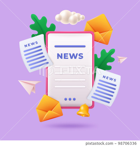 3d news information, newspaper icon. Digital update of press app. Online newsletter article in phone, flying envelopes and documents, cute graphic. Vector illustration website banner 3d news information, newspaper icon. Digital update of press app. Online newsletter article in phone, flying envelopes and documents, cute graphic. Vector illustration website banner 98706336