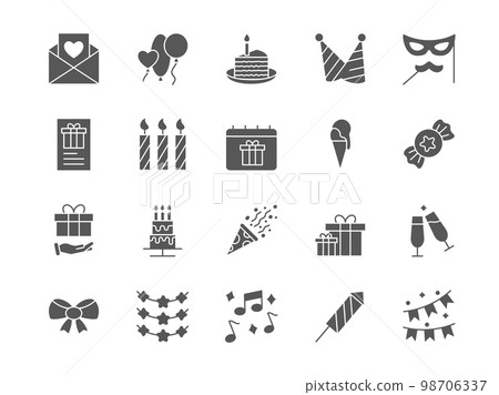 Birthday party elements. Black silhouette icons. Happy event symbols. Fun hat. Balloons and festive cake. Holiday concept. Congratulation toast. Christmas food. Vector pictograms set 98706337