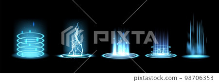 Beam frame, blue futuristic ray effects. Laser glow, energy aura or vortex, circle magic teleport. Digital energy hole tunnel. 3d isolated elements. Fantasy podiums. Vector 3d illustration 98706353