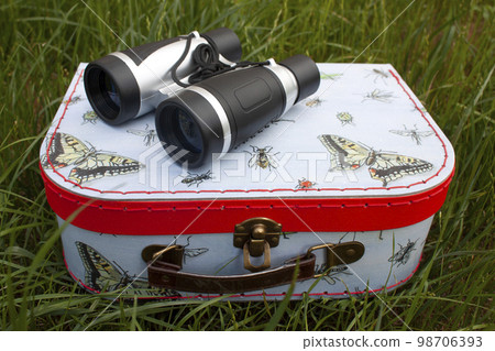 Science and experiment kit for young natural investigators. Case with a binocular and tools for nature researching. Outdoor play experience 98706393
