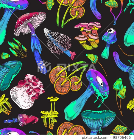 Magic mushrooms monsters seamless pattern cartoon vector illustration. 98706466